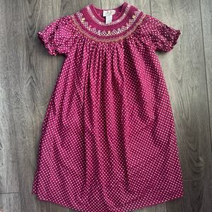 Rosalina Collections Girls Pink Polka Dot Smocked Bishop Dress Embroidered 5Y